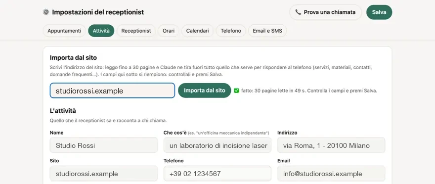 Admin panel, “Import from the website”: the phone sheet is filled in automatically (made-up example: Studio Rossi).
