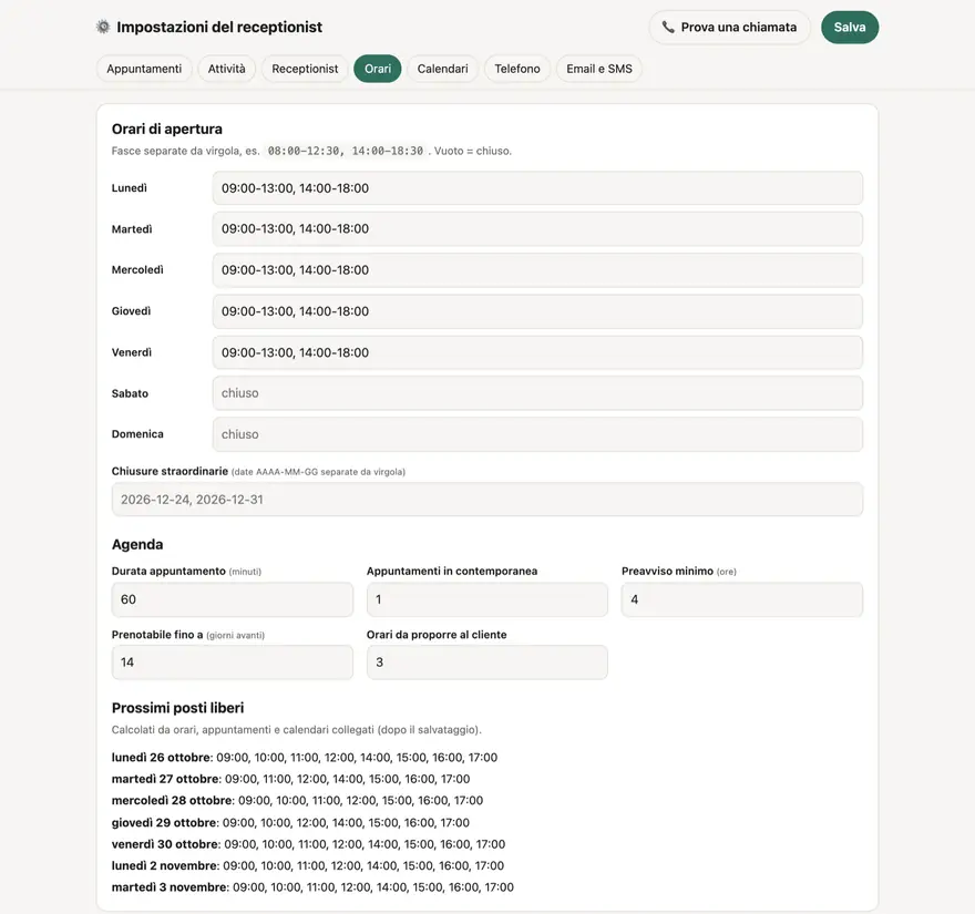 Opening hours, agenda rules and the next free slots, computed from hours, bookings and calendars.